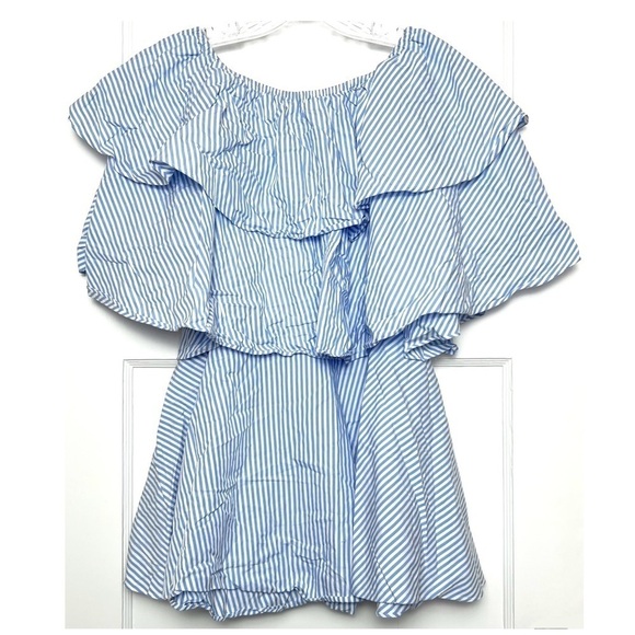 TOME 70s Off The Shoulder Striped Cotton Tiered Ruffle Short Sleeve Mini Dress 0 - Picture 3 of 7